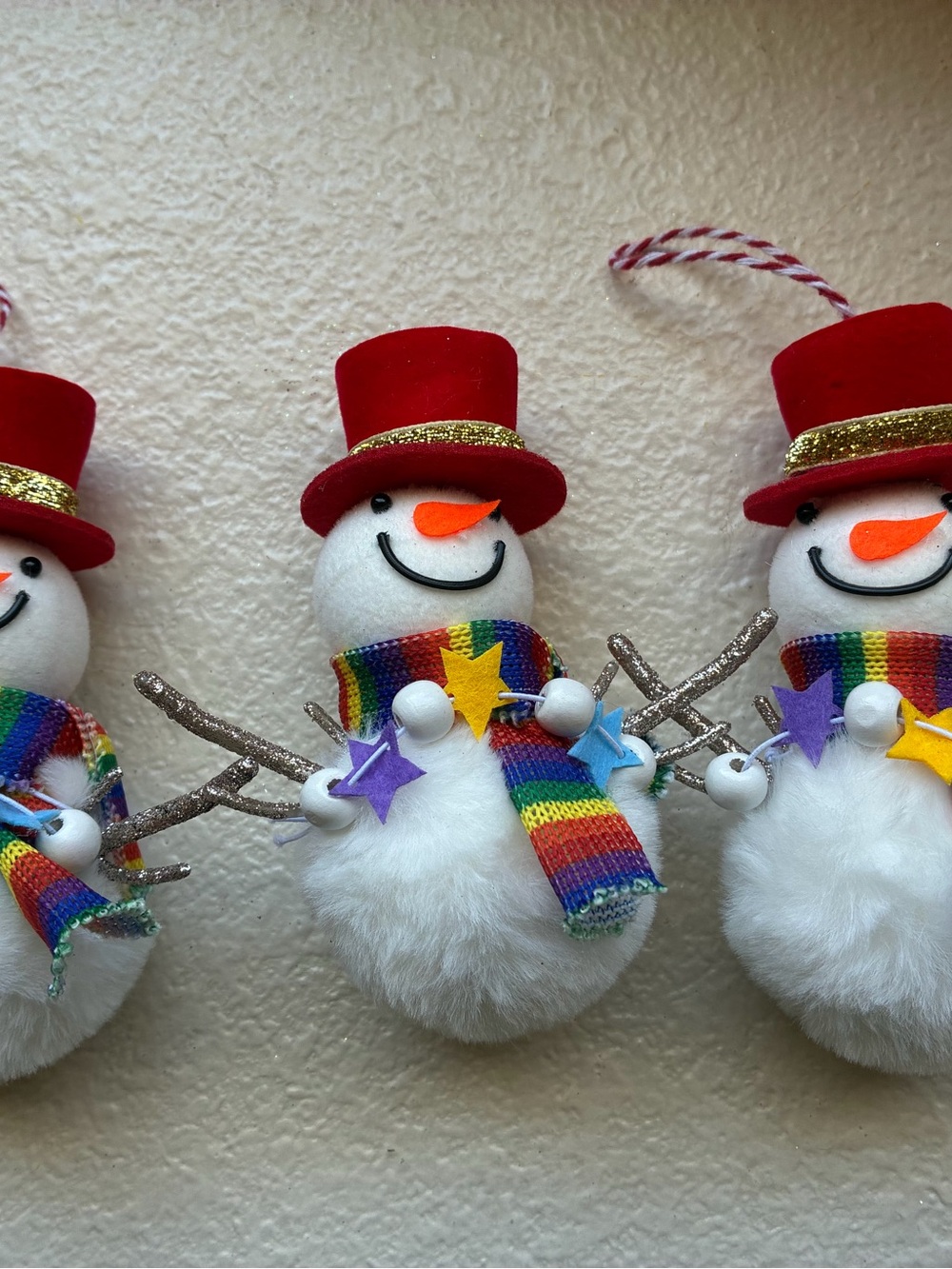 Styrofoam Snowman Christmas Decoration 5” Snowman Ornament Rainbow Scarf Set 3